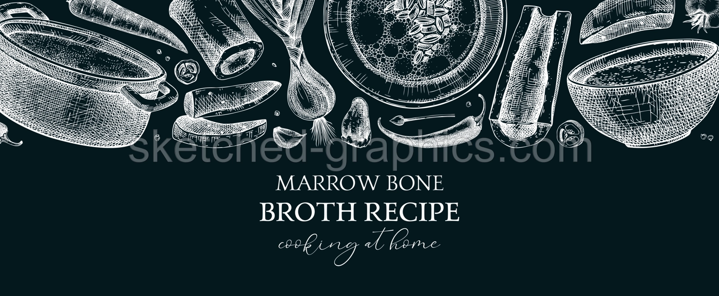 Healthy food background. Marrow bone broth banner. Hot soup on plates, pans, bowls, organ meat, vegetables, marrow bones sketches. Hand drawn vector illustrations. Homemade food on chalkboard Illustration